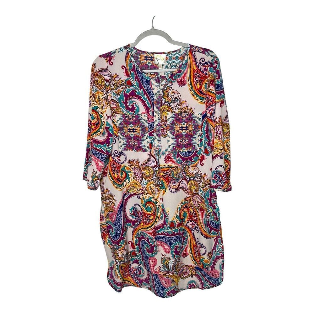 Fig And Flower Tunic Top Womens Medium‎ Paisley Boho 3/4 Sleeves Retro Shirt